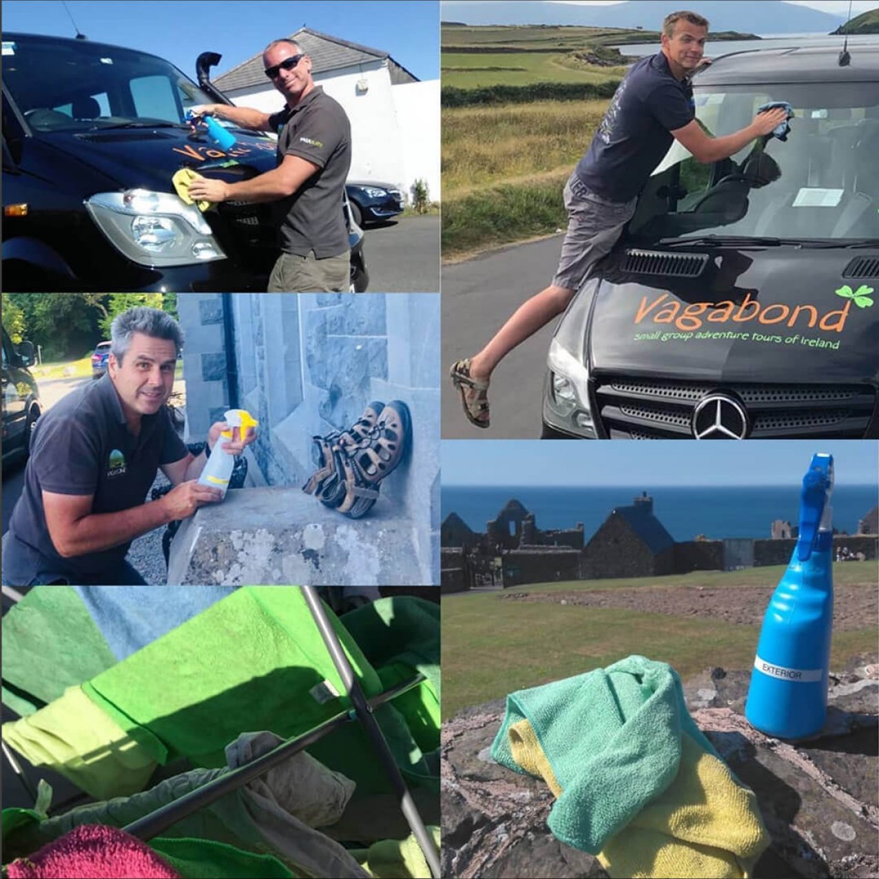 Collage of Vagabond Tours of Ireland guides cleaning buses
