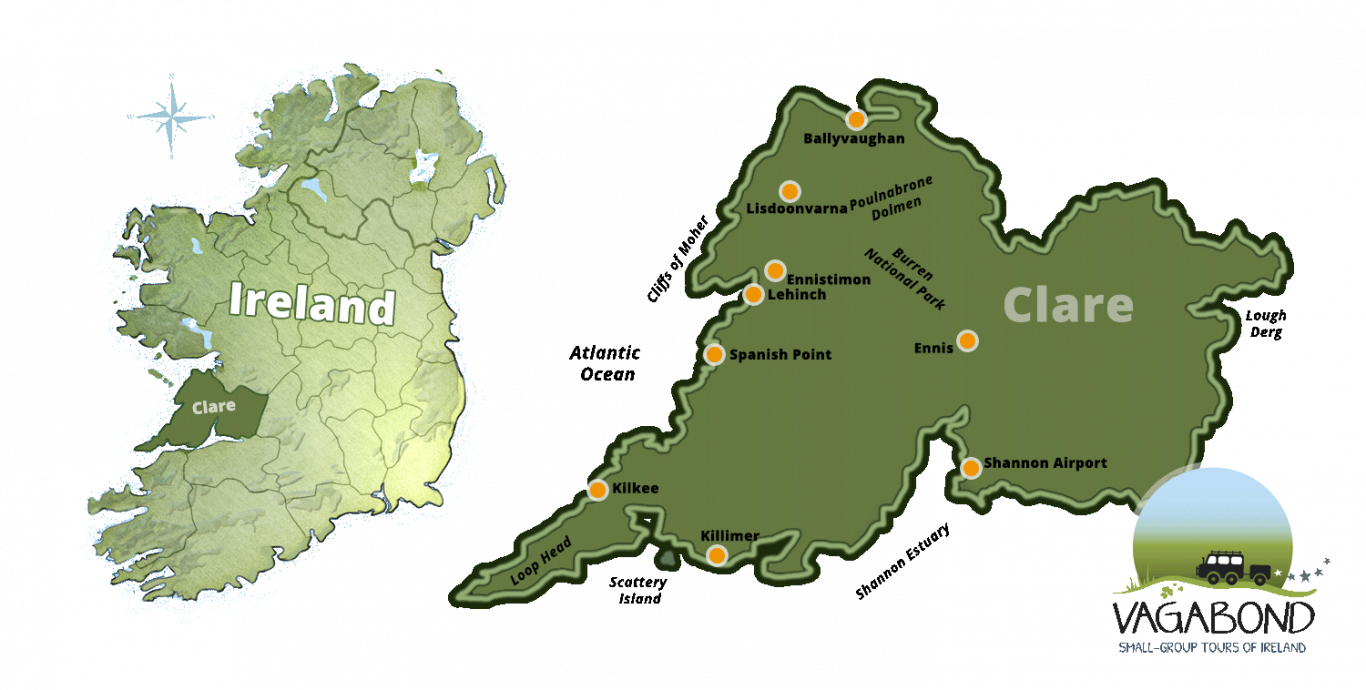 Map showing the location of county Clare in Ireland as well as its major features.