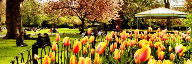 St Stephens green on a spring day with flowers in bloom and people enjoying themselves sitting on the grass