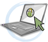 A laptop icon with a green arrow pointing towards a girl on the screen