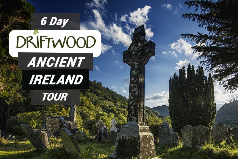 6 Day Driftwood Ancient Ireland tour card showing celtic cross in Glendalough graveyard