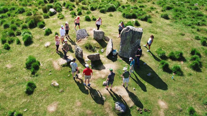 Aerial shot of tour group standing around a stone circle in Ireland 
