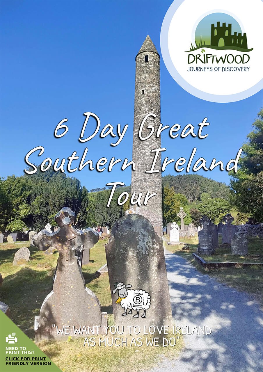 6 Day Driftwood Great Southern Ireland Tour itinerary cover with round tower in Glendalough