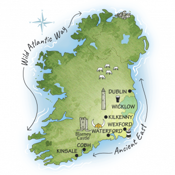 Ireland map showing tour route of Driftwood Southern 6 Day Itinerary