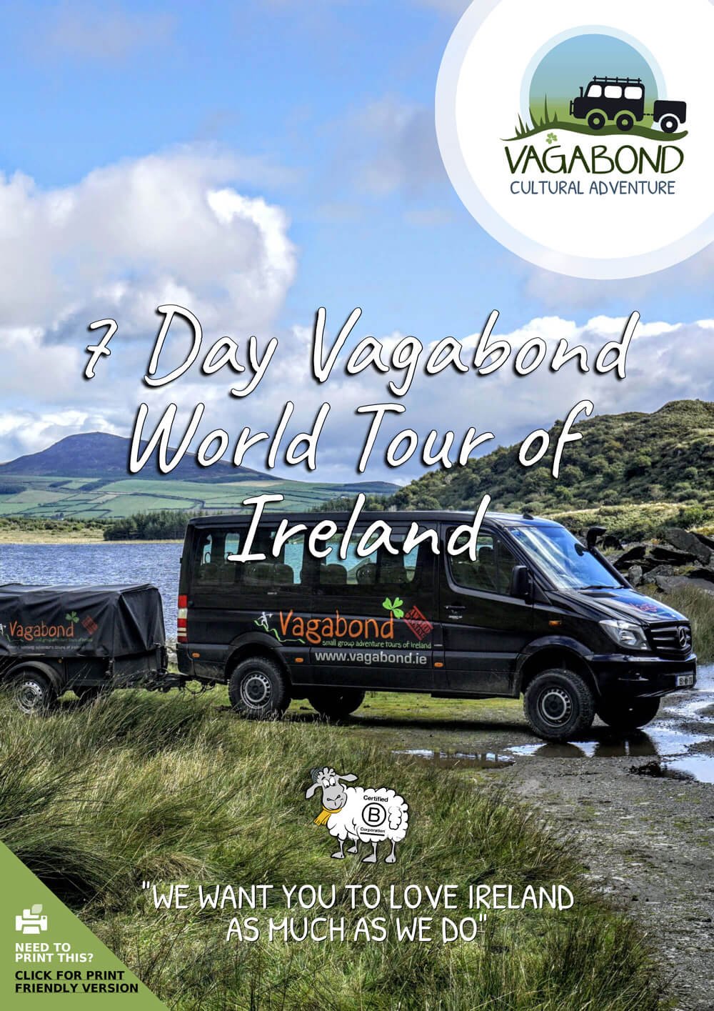7 Day Vagabond World Tour of Ireland itinerary cover with picture of tour vehicle in Ireland