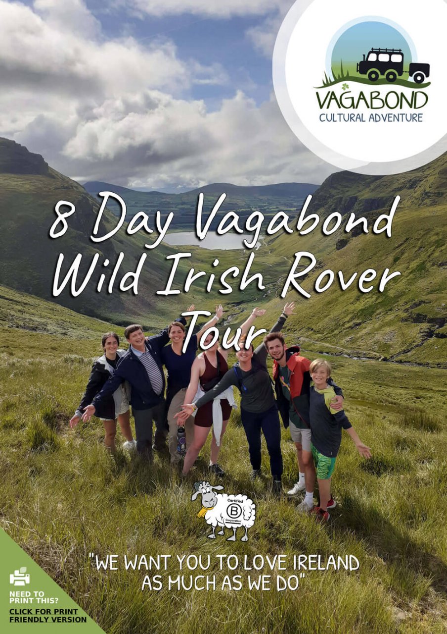 8 Day Vagabond Wild Irish Rover Tour itinerary cover with hiking guests in green valley