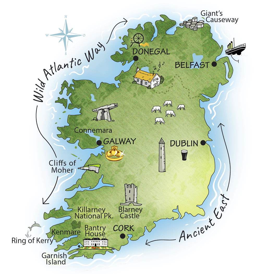 Map of Ireland showing the route of an 11 day small-group tour