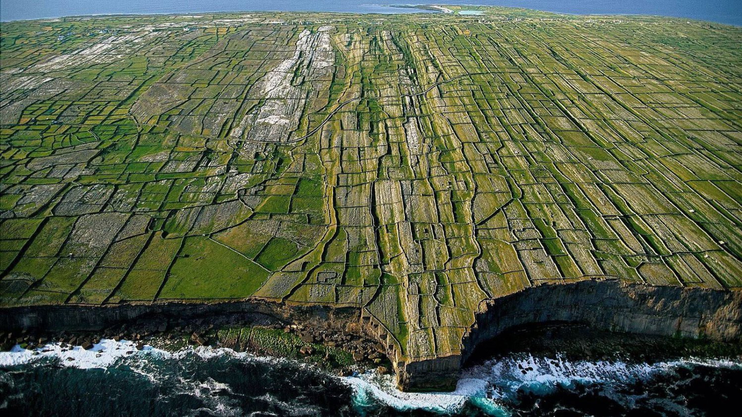 Aerial view of patchwork fields and dry stone walls on one of the Aran islands, Ireland
