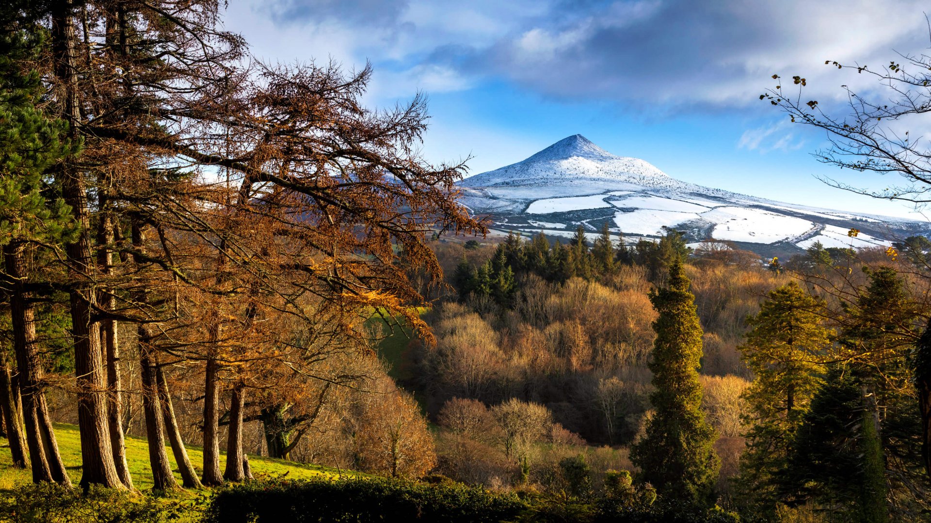 Snow capped Sugarloaf mountain in Wicklow