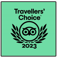 2023 Travellers' Choice TripAdvisor logo in black with green background