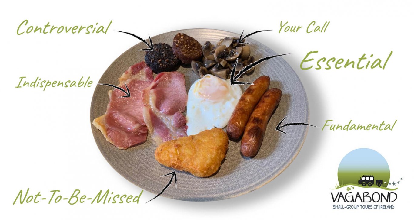 A plate of Irish breakfast with words spelling out which ingredients are essential (or not)