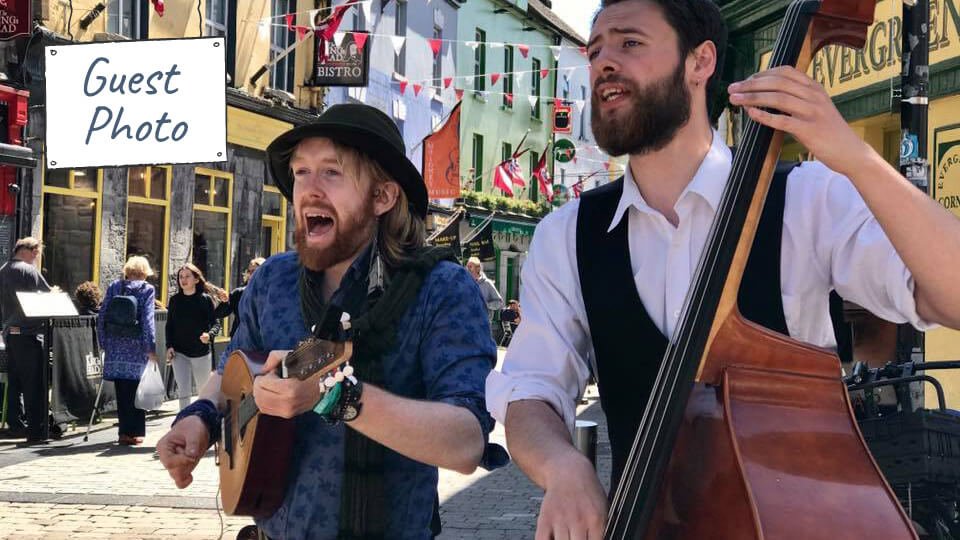 Two buskers sing in Galway, Ireland