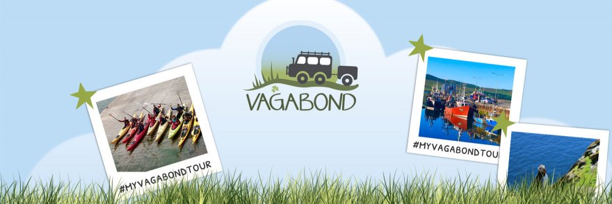 Graphic showing polaroids of travel in Ireland with the Vagabond Tours logo on a blue background and a green grass footer overlay