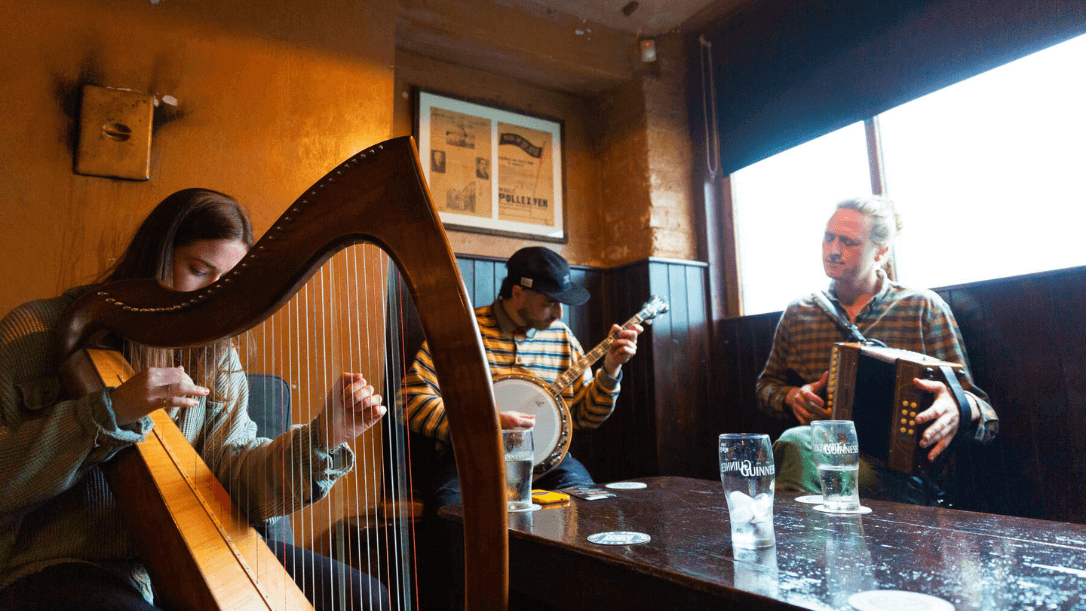 A music session in an irish pub with a harp and accordion