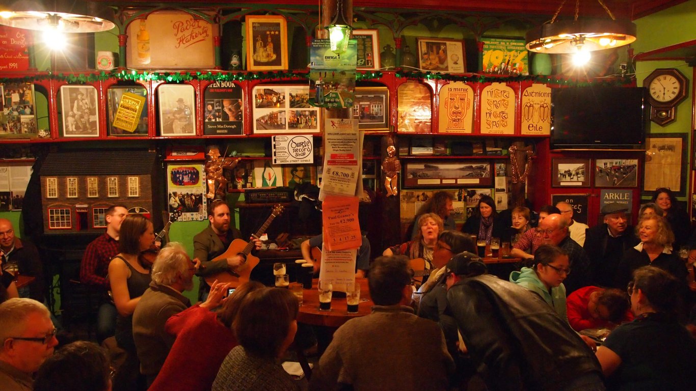 Traditional music session group inside Flaherty's pub in Dingle, Ireland