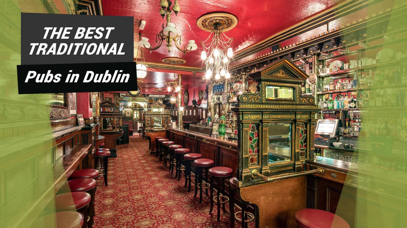The Long Hall pub interior in Dublin, Ireland with overlaid text and graphics