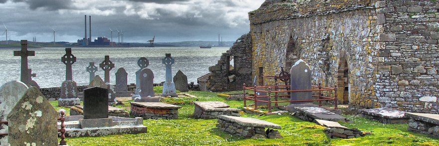 Graveyard and church on Scattery Island in Ireland