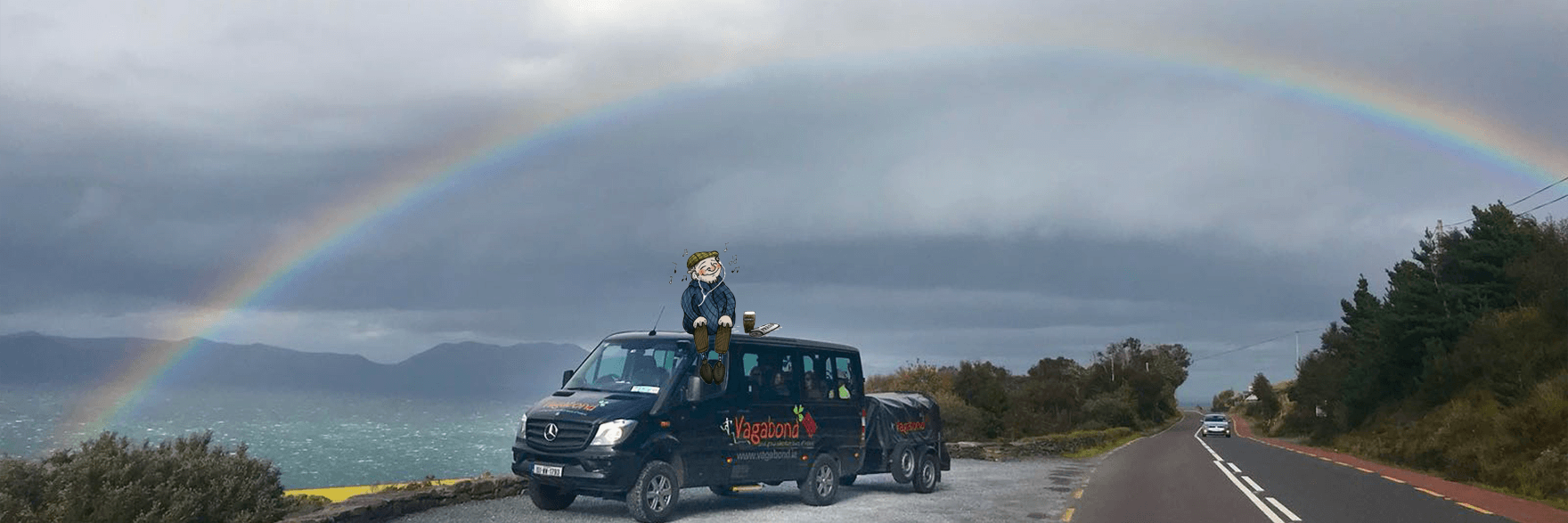 An animated small leprechaun sitting on top of a Vagabond tour vehicle under a rainbow