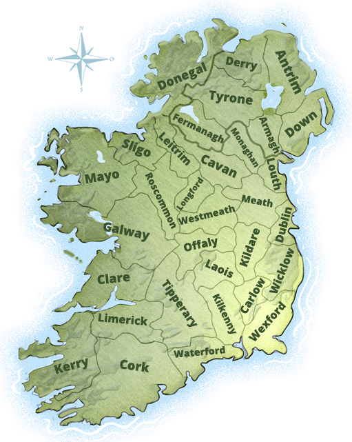 Map of Ireland showing county boundaries and names