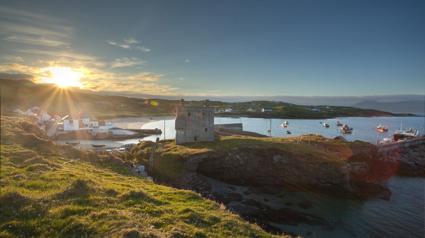 Sunset over Grace O'Malley's fortress on Clare Island in Ireland