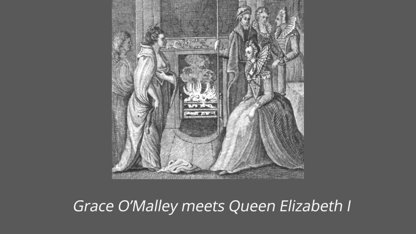 Engraving showing Grace O'Malley meeting Queen Elizabeth I