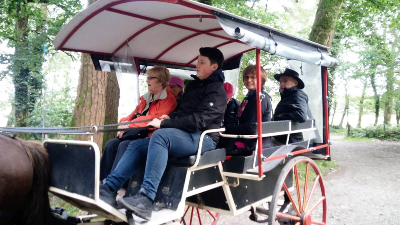 A tour group on a horse drawn jaunting carriage in Killarney, Ireland