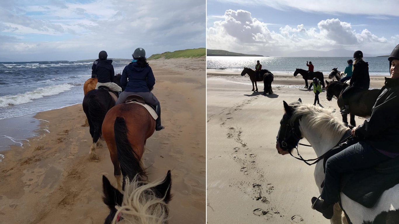 Two groups of horseback riding tour groups on beaches in Ireland