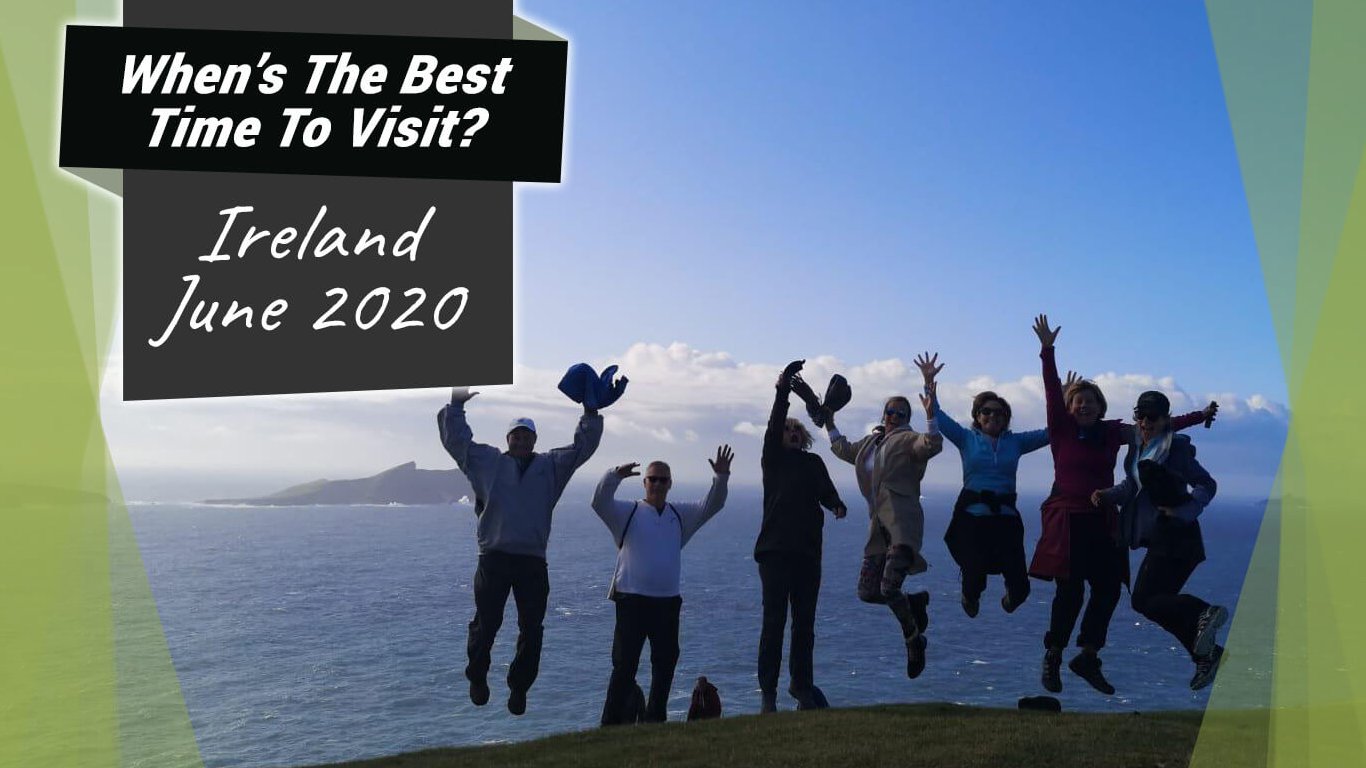 Blog title image featuring graphic text 'June in Ireland' and a group jumping for joy.