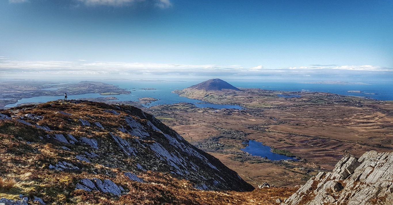 Scenic view of mountains and ocean over Connemara National Park in Ireland