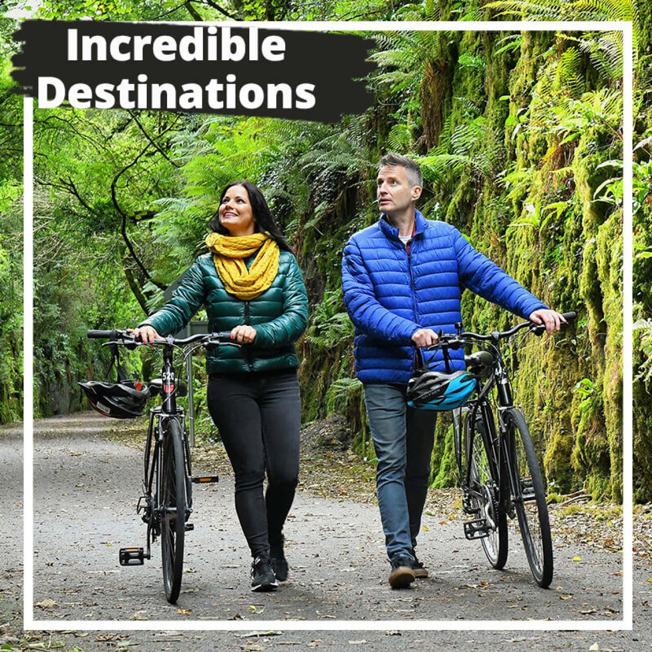 Two guests with bikes in scenic green location on active Ireland tour