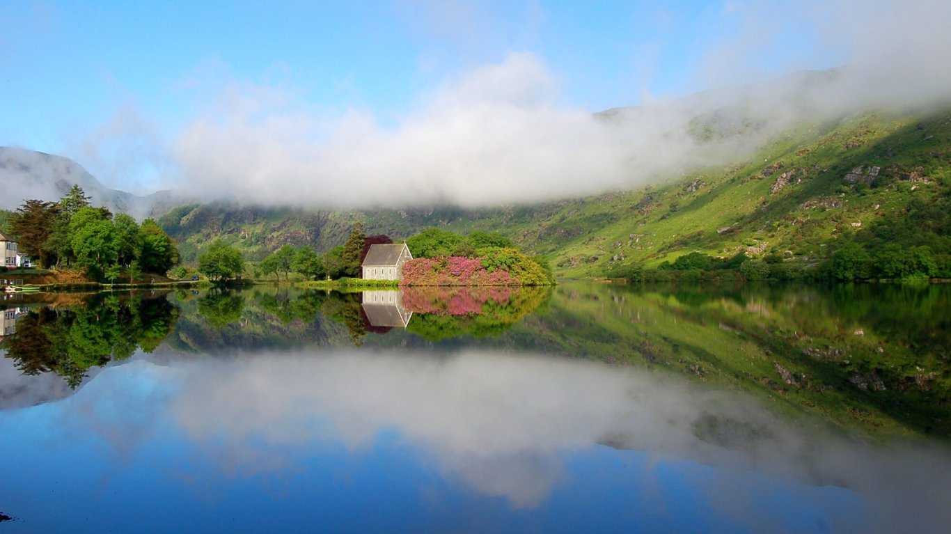 Gougane Barra lake, chapel and hotel in Ireland