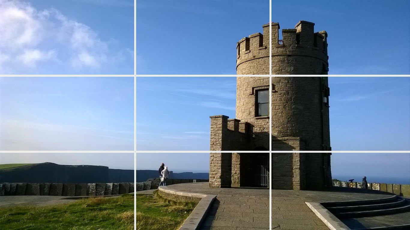 O'Brien's Tower at the Cliffs of Moher in Ireland with Rule of Thirds lines overlaid