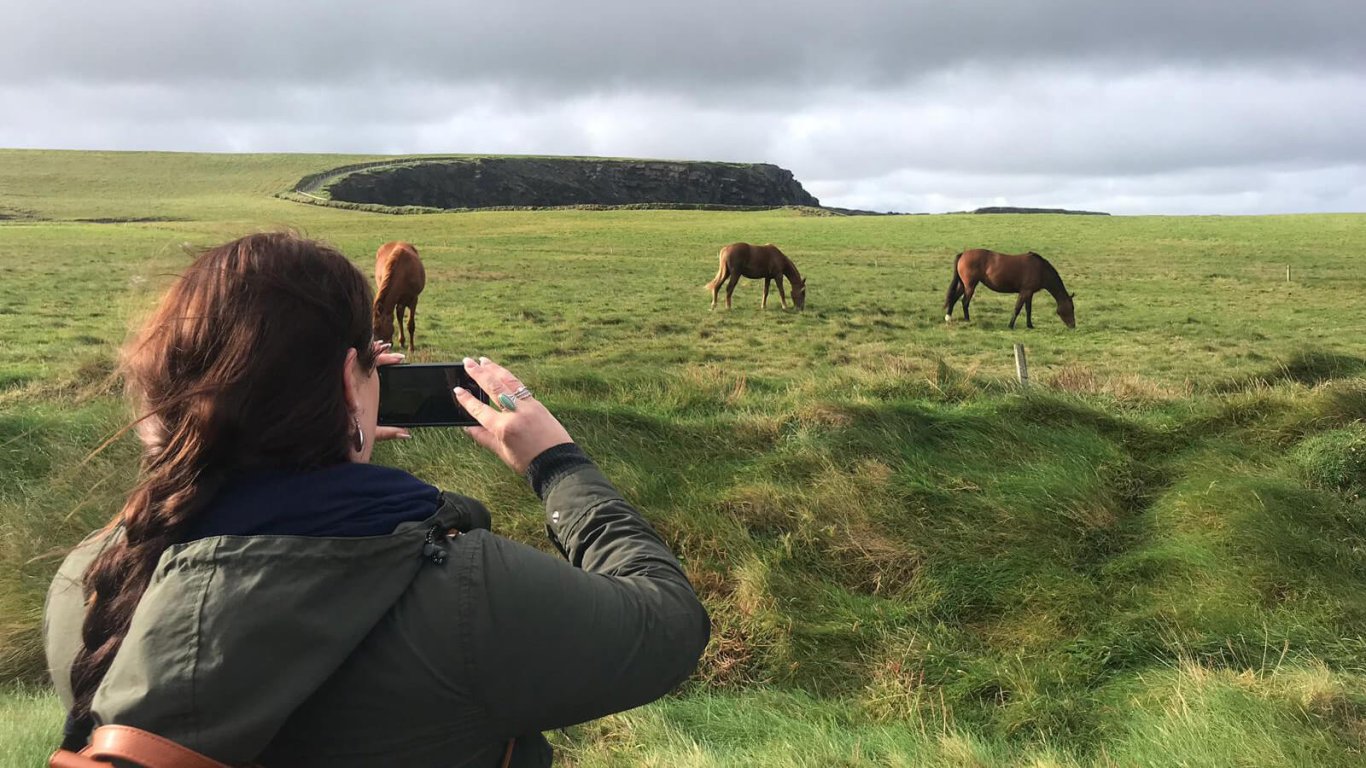 Vagabond Tours guest photos three horses at a scenic location in Ireland