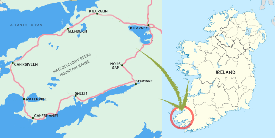 A map of the Ring of Kerry with its location marked in a smaller scale Ireland map