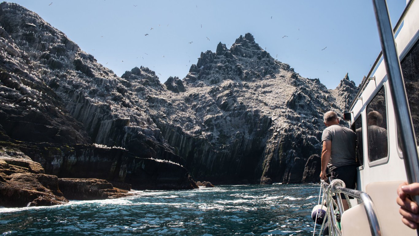 Boat approaching Little Skellig Island in Ireland