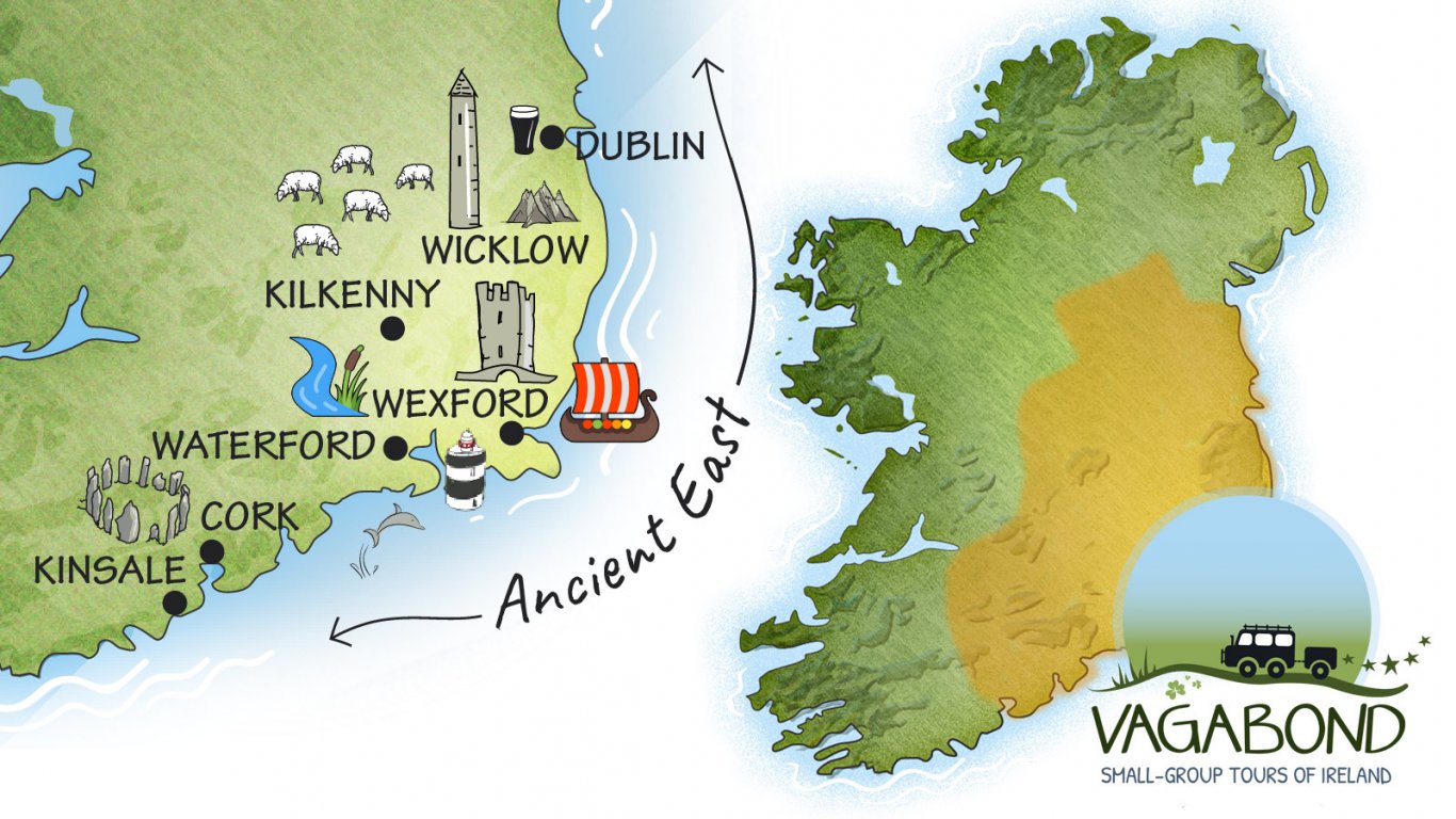 Map of south east Ireland showing main towns and points of interest