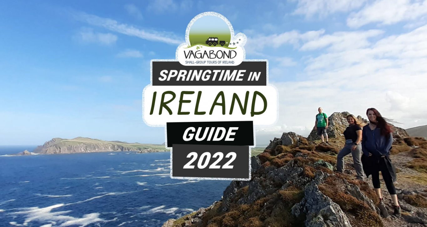 Spring in Ireland share image with text and three travellers in scenic landscape