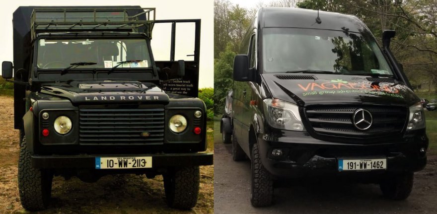 Land Rover Defender and Mercedes tour vehicles for Vagabond Tours of Ireland