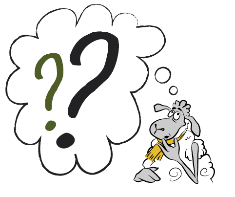 A cartoon sheep with a question mark thought bubble