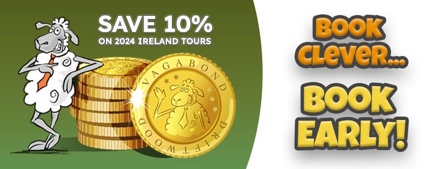 Book Early Save 10% on Ireland Tours with illustrated sheep and coins