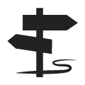 A black icon with road signs pointing in opposite directions