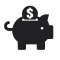 A black icon of a piggy bank with a coin going into it