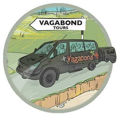 Illustrated Vagabond tour vehicle with signpost icon