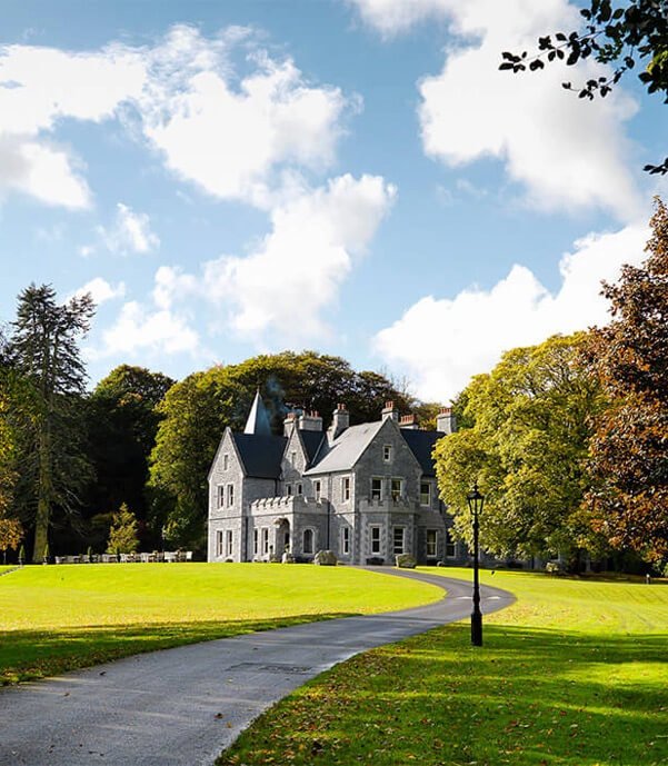 The scenic grounds of Mount Falcon Hotel in Ireland