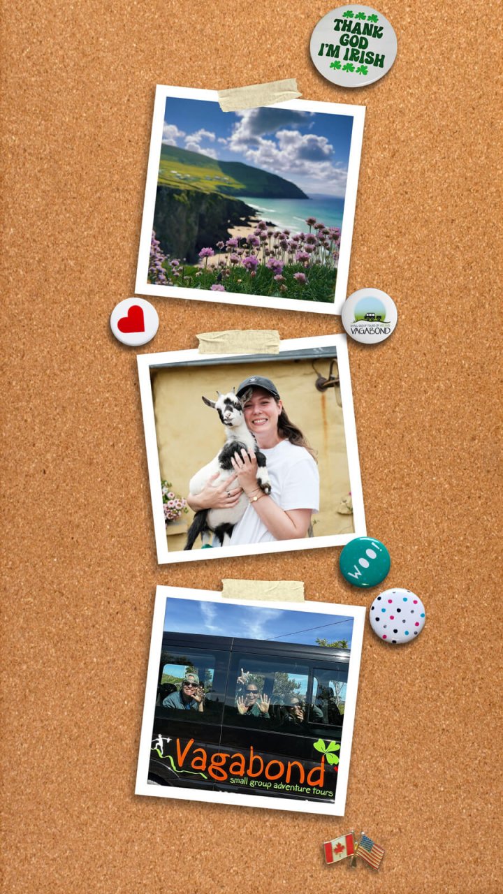 Pin board with 3 travel-related polaroids including pin badges