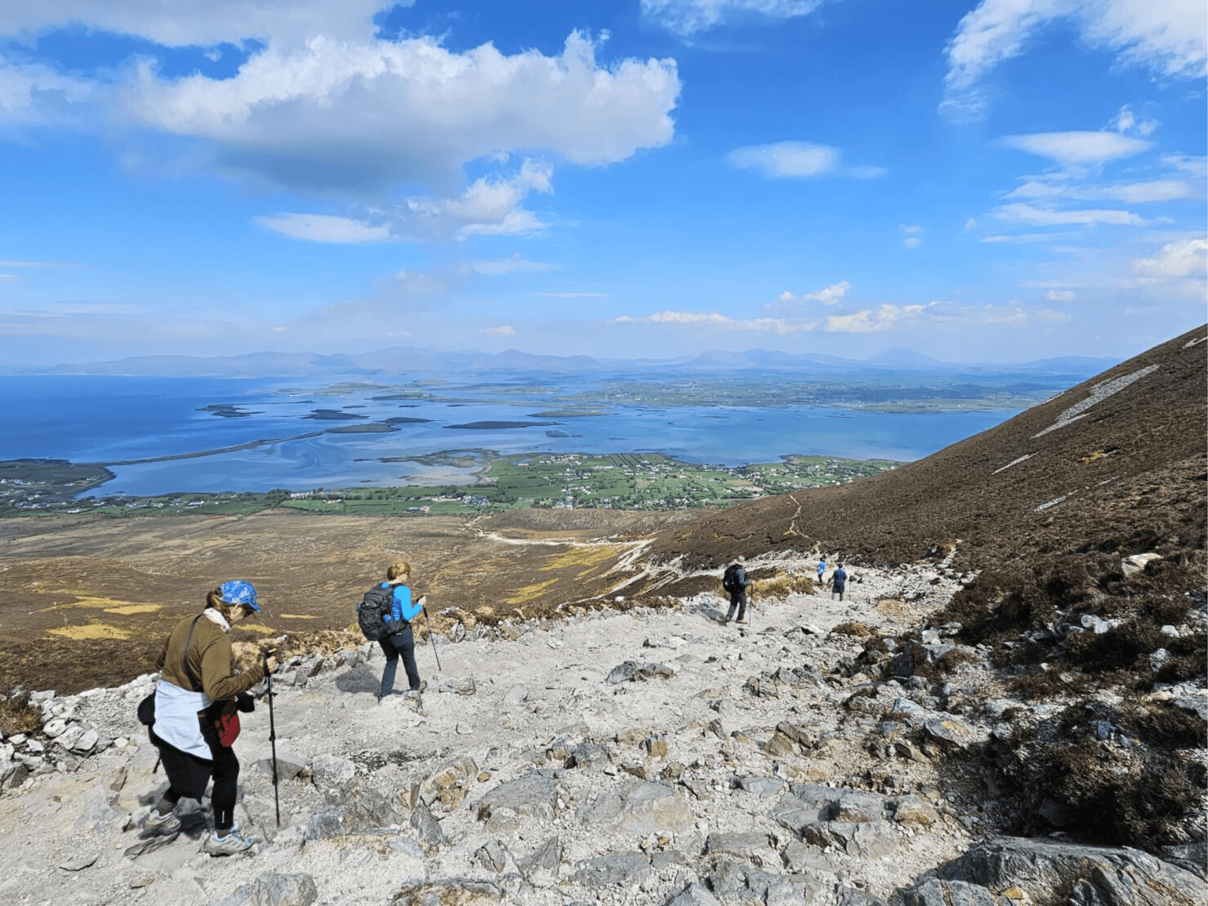 A group hiking on croagh patrick overlooking clew bay