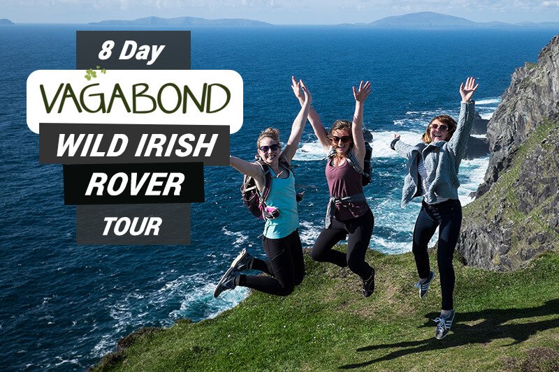 8 Day Vagabond Wild Irish Rover Tour card with three female guests jumping in a scenic location in Ireland