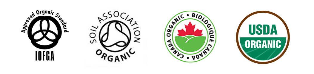 Organic food standard logos including USDA, IOFGA and Soil Association