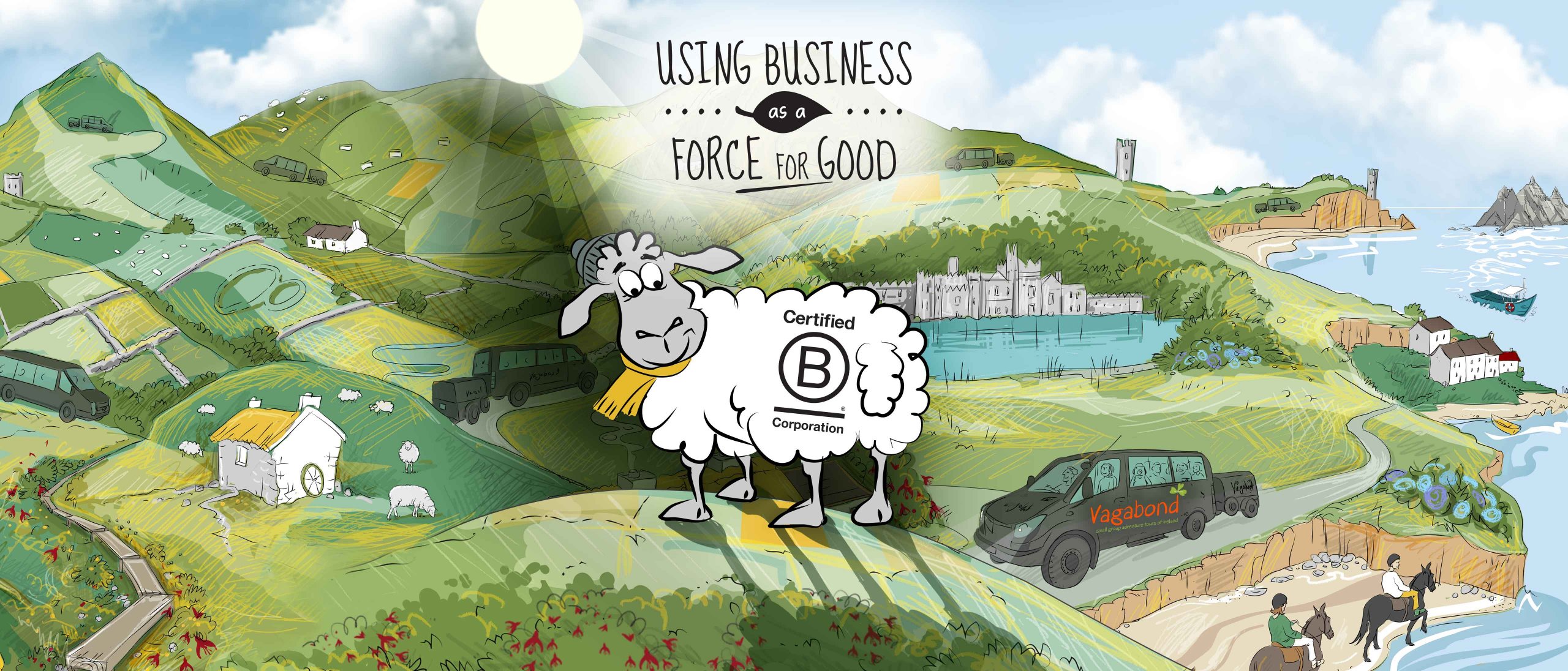 B Corp logo on animated sheep and Ireland background