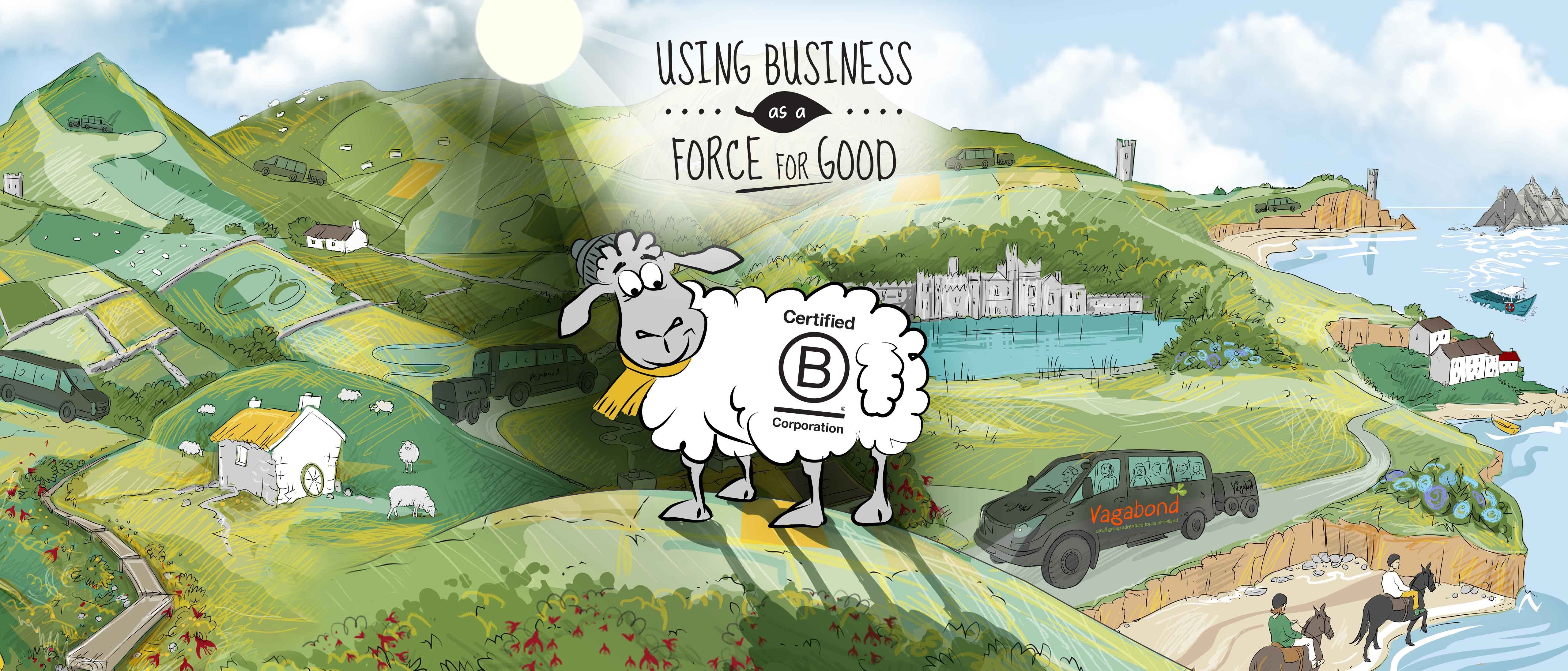 B Corp logo on animated sheep and Ireland background